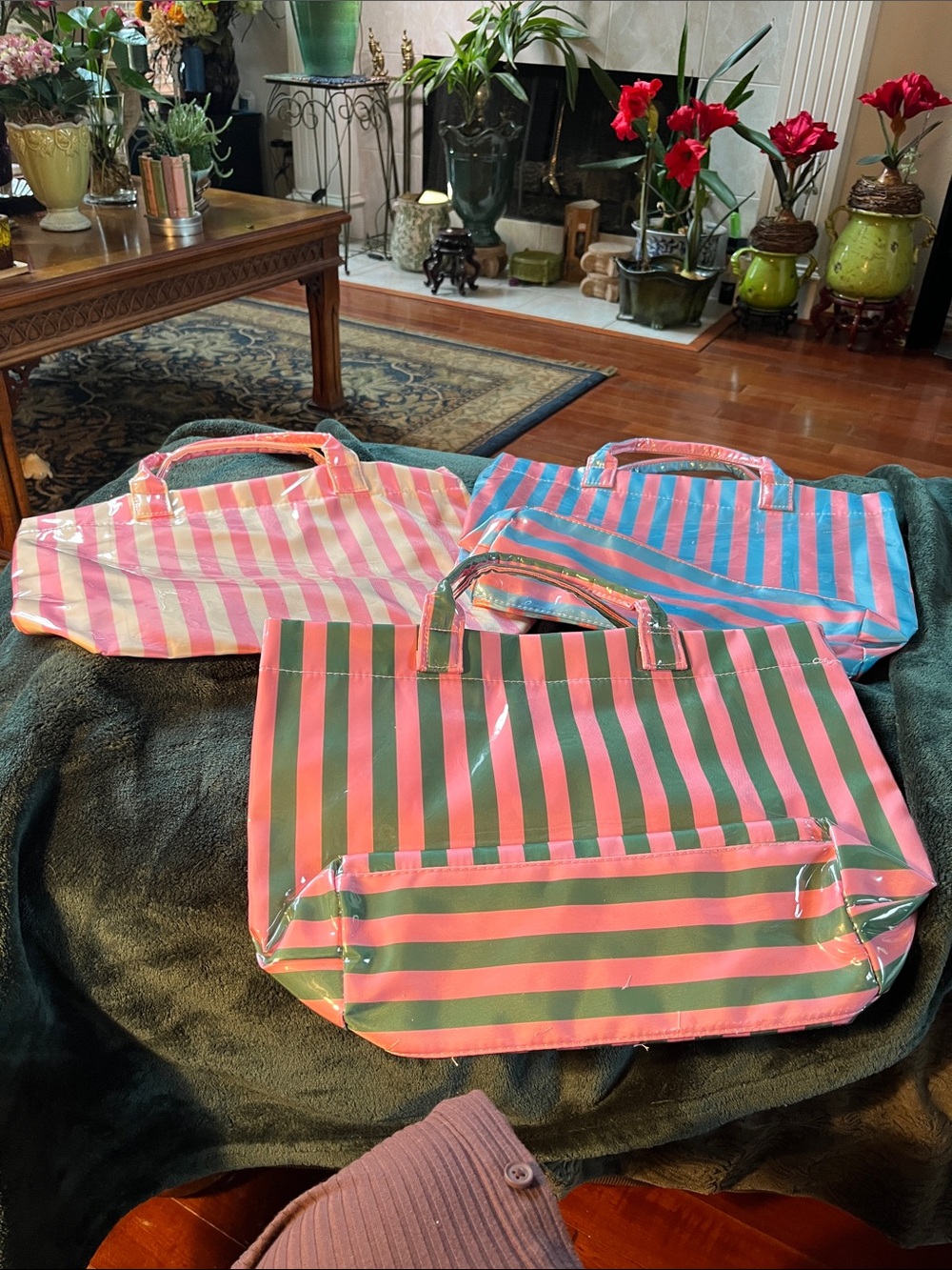 Striped Pink & Green Vinyl Patent Tote Bag - Unbranded nylon lined. GREAT Gift.